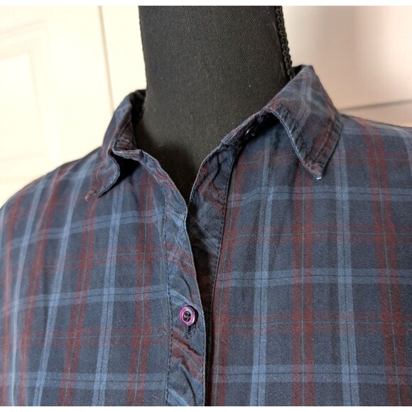 Zara Blue Plaid Blouse Size M Oversized Embellished Beaded Pocket Button Up Boho - Picture 4 of 9